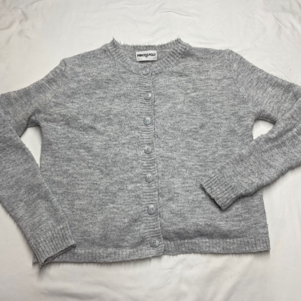 Princess Polly Gray Button Up Fuzzy Knit Cardigan Sweater Womens Size S/M